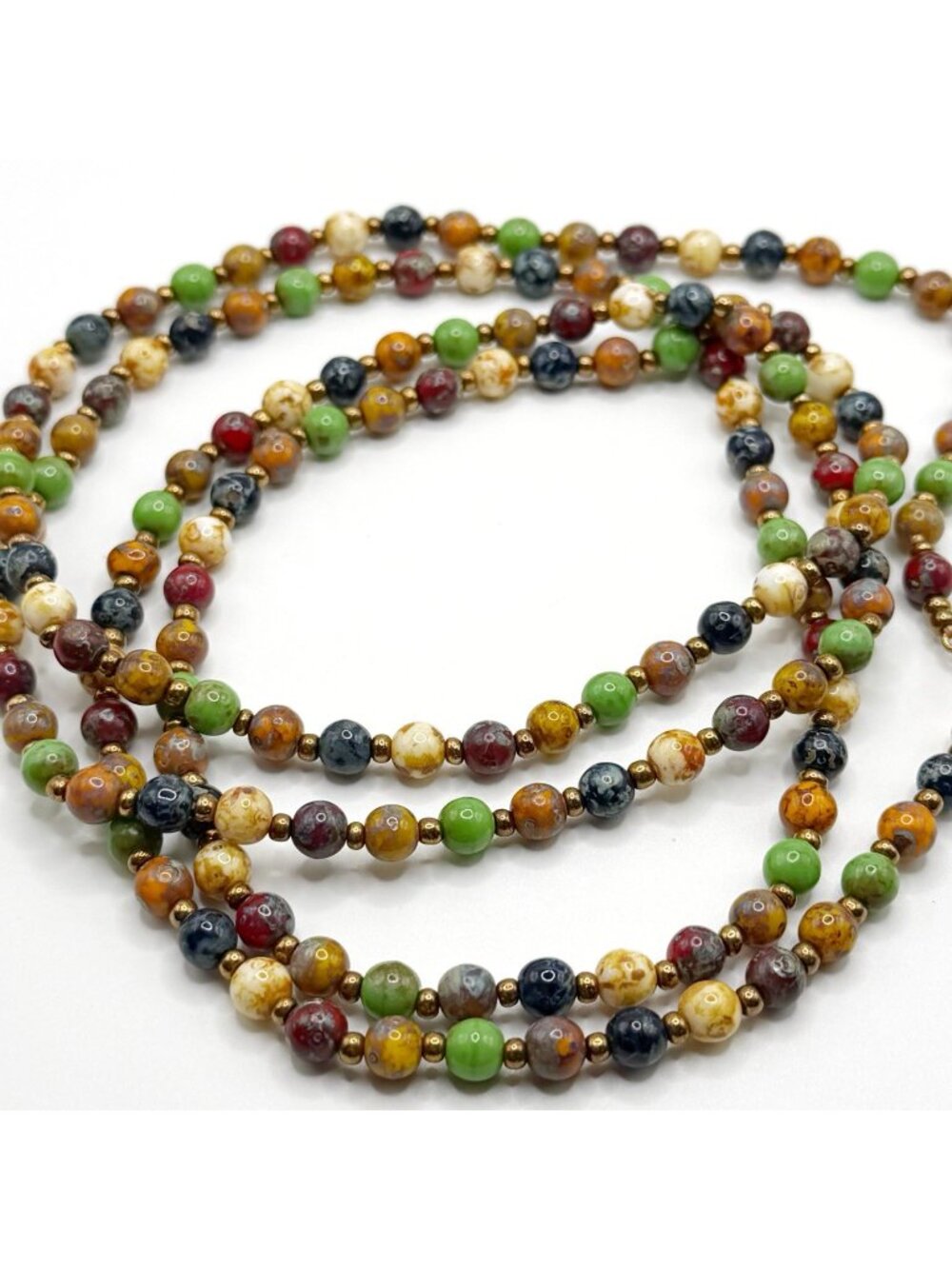 Vintage Long Rope Length Scottish Style Picasso Glass Beaded Necklace 48”‎